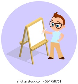 Isometric easel. Young boy with glasses Drawing Whiteboard. Paint desk and white paper isolated on white background. Vector illustration eps 10