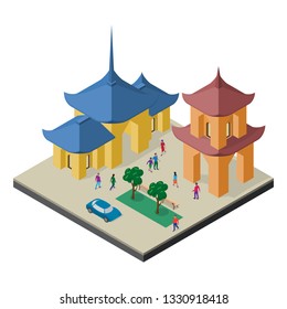 Isometric east asia cityscape. Buddhist temple, pagoda, trees, benches, car and people.
