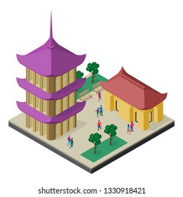 Isometric east asia cityscape. Pagoda, building, trees, benches and people.