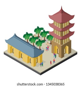 Isometric east asia cityscape. Pagoda, building, palm trees, benches and people.