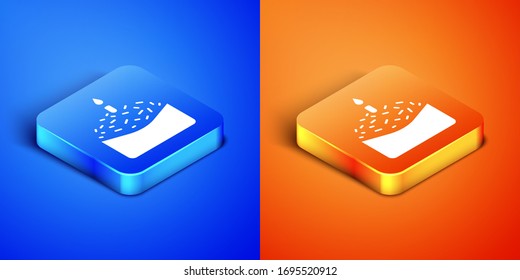 Isometric Easter cake and candle icon isolated on blue and orange background. Happy Easter. Square button. Vector Illustration