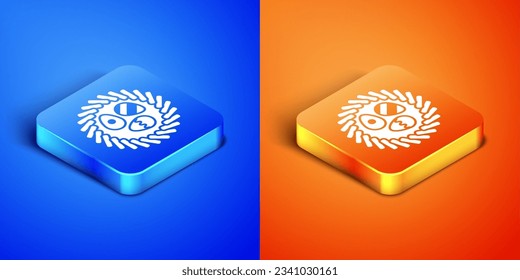 Isometric Easter egg in a wicker nest icon isolated on blue and orange background. Happy Easter. Square button. Vector Illustration