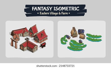 Isometric Eastern Village and Farm Fantasy game assets - Vector Illustration