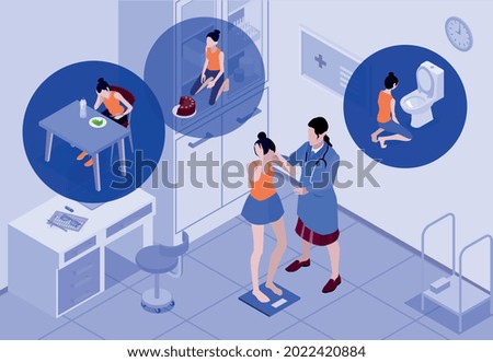 Isometric eating disorder composition with view of doctors office with patient dreaming of food and vomiting vector illustration
