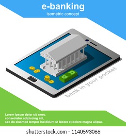 Isometric e-banking concept includes smartphone or tablet and bank building vector illustration.