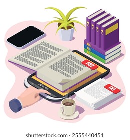 Isometric e-book concept. reading online vector illustration