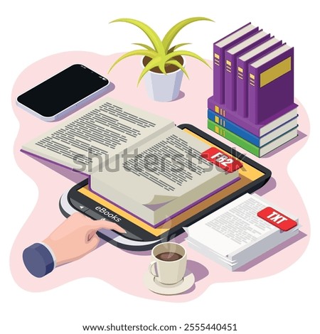 Isometric e-book concept. reading online vector illustration