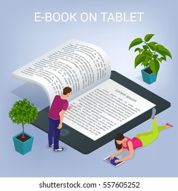 Conceito isométrico de e-book. Sala de aula de Computação da Universidade. Educação Online e Biblioteca com Estudantes. Ilustração plana 3D vetorial