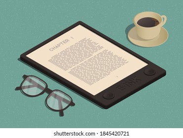 Isometric ebook reader with cup of coffe and glasses