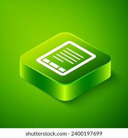 Isometric E-Book reader icon isolated on green background. Green square button. Vector