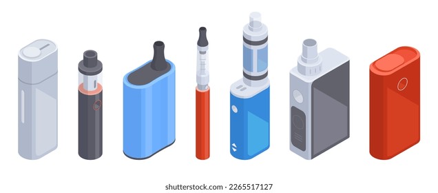 Isometric e-cigarette and vape pen. Digital electronic cigarette, vape smoke accessories 3d vector illustration set. Vape pan and box collection