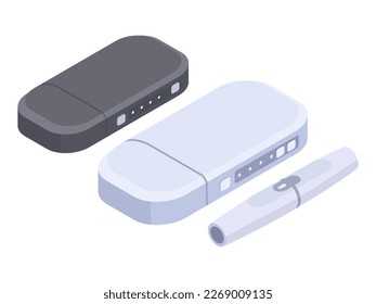 Isometric e-cigarettes. Vape box mod, modern smoke accessories 3d vector illustration set