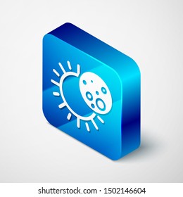 Isometric Eclipse of the sun icon isolated on white background. Total sonar eclipse. Blue square button. Vector Illustration