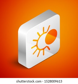 Isometric Eclipse of the sun icon isolated on orange background. Total sonar eclipse. Silver square button. Vector Illustration