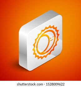 Isometric Eclipse of the sun icon isolated on orange background. Total sonar eclipse. Silver square button. Vector Illustration