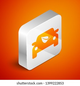 Isometric Eco car concept drive with leaf icon isolated on orange background. Green energy car symbol. Silver square button. Vector Illustration