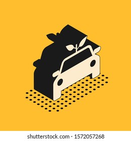 Isometric Eco car concept drive with leaf icon isolated on yellow background. Green energy car symbol.  Vector Illustration