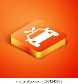 Isometric Eco car concept drive with leaf icon isolated on orange background. Green energy car symbol.  Vector Illustration