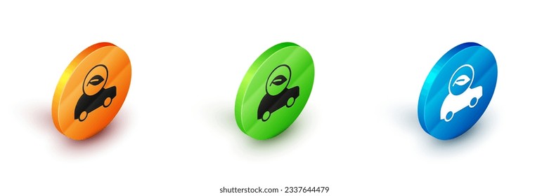 Impulso de concepto de coche ecológico isométrico con icono de hoja aislado en fondo blanco. Símbolo de coche de energía verde. Botón Círculo. Vector
