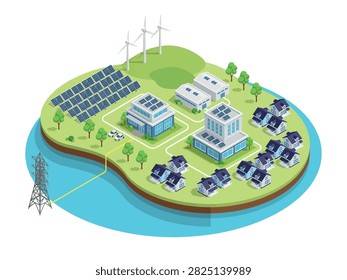 Isometric eco city with solar panels, wind turbines, homes, and offices powered by renewable energy, illustrating sustainable urban development and clean power.