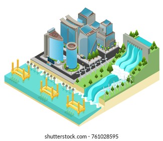 Isometric Eco City Template With Modern Buildings Electric Cars Windmills Hydroelectric Tidal Wave Power Stations And Plants Vector Illustration 