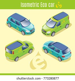 Isometric eco electric cars collection with solar panels in green and turquoise colors isolated vector illustration
