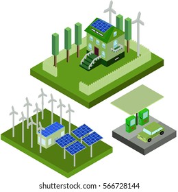Isometric eco elements for city, green house, car, charge, windmill in vector