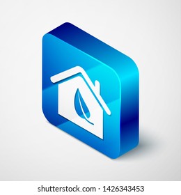 Isometric Eco friendly house icon isolated on white background. Eco house with leaf. Blue square button. Vector Illustration