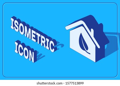 Isometric Eco friendly house icon isolated on blue background. Eco house with leaf.  Vector Illustration