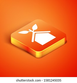 Isometric Eco friendly house icon isolated on orange background. Eco house with leaf.  Vector Illustration