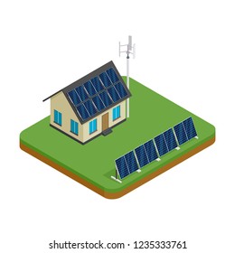 Isometric eco friendly house with wind turbine and solar panels. Green energy concept vector illustration