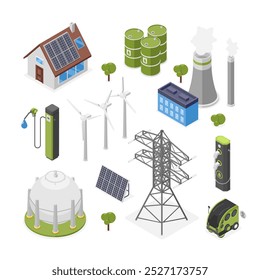 Isometric eco friendly icons. Solar system oil and gas, wind turbines, smart energy house. Clean and ecological lifestyle, clean environment flawless vector set