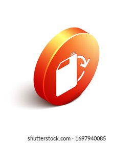 Isometric Eco fuel canister icon isolated on white background. Eco bio and barrel. Green environment and recycle. Orange circle button. Vector Illustration