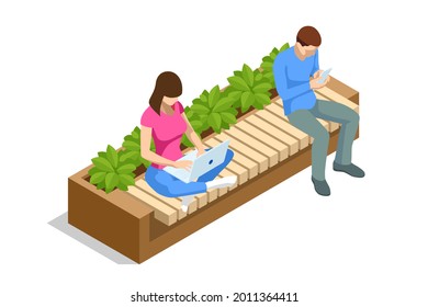 Isometric eco modern street bench vector for web design isolated on white. A modern bench with a flower bed in a city park. City improvement, urban planning, public spaces.