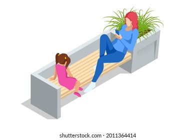 Isometric eco modern street bench vector for web design isolated on white. A modern bench with a flower bed in a city park. City improvement, urban planning, public spaces.