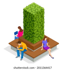 Isometric eco modern street bench vector for web design isolated on white. A modern bench with a flower bed in a city park. City improvement, urban planning, public spaces.