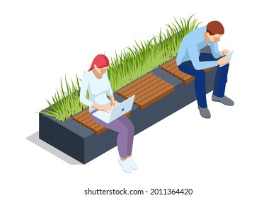 Isometric eco modern street bench vector for web design isolated on white. A modern bench with a flower bed in a city park. City improvement, urban planning, public spaces.