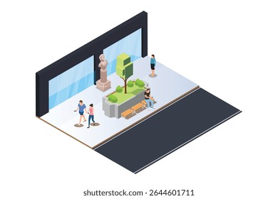 Isométrica eco moderno banco de rua vetor para web design isolado no branco. Um banco moderno com uma cama de flores em um parque da cidade. Melhoria urbana, planejamento urbano, espaços públicos.