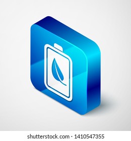Isometric Eco nature leaf and battery icon isolated on white background. Energy based on ecology saving concept. Blue square button. Vector Illustration