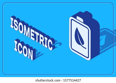 Isometric Eco nature leaf and battery icon isolated on blue background. Energy based on ecology saving concept.  Vector Illustration