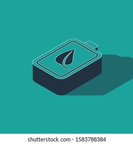 Isometric Eco nature leaf and battery icon isolated on green background. Energy based on ecology saving concept.  Vector Illustration