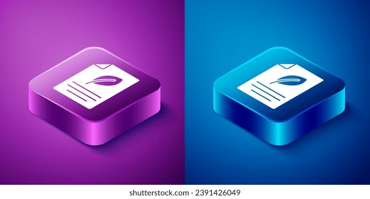 Papel ecológico isométrico con icono de hoja aislado en fondo azul y púrpura. Adecuado para negocios, educación y naturaleza. Botón cuadrado. Vector