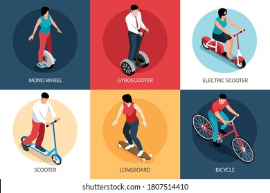 Isometric eco transport design concept with editable text captions and human characters riding scooters and bicycles vector illustration