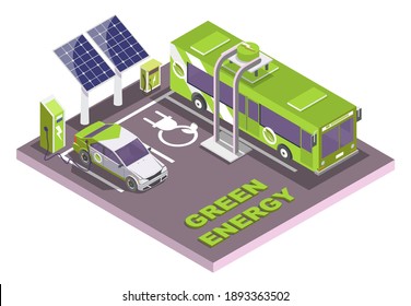 Isometric eco transport, electric vehicle charging station with solar panels, flat vector illustration. Electromobile and city public bus. Green energy.