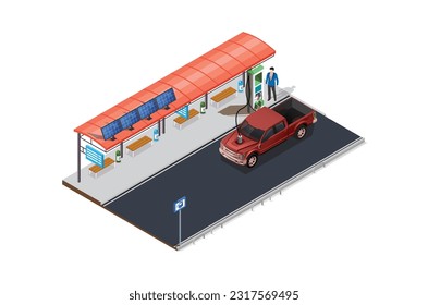 Isometric eco transport, electric vehicle charging station with solar panels, Suitable for Diagrams, Game Asset, And Other asset