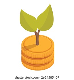 Isometric ecofriendly investment concept with golden coins and green leaves illustration in an environmentally conscious business opportunity for sustainable financial growth and wealth accumulation