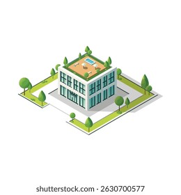 Isometric Eco-Friendly Office Building with Rooftop Garden and Pool
