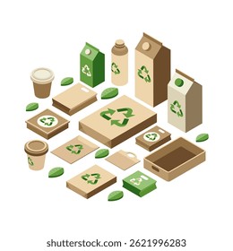 Isometric Eco-Friendly or Sustainable Packaging with Recycling Logo. Eco-Friendly Packaging and Sustainable Product Package