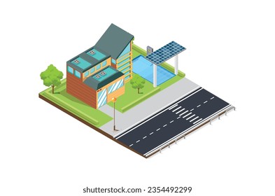 Isometric eco-friendly swimming pool heater,with solar panels, Suitable for Diagrams, Play Assets and Other assets