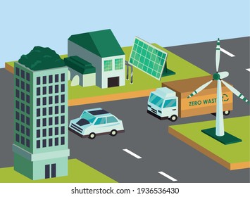 isometric ecological cars and buildings